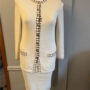 St. John COLLECTION Cream Knit Skirt Set with Brown Trim and Gold Buttons